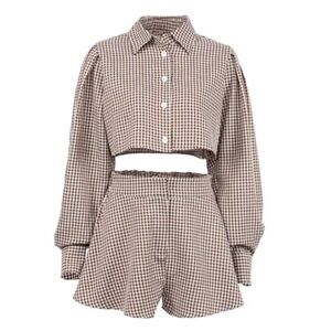 Brown And White Plaid Matching Top And Shorts Size S